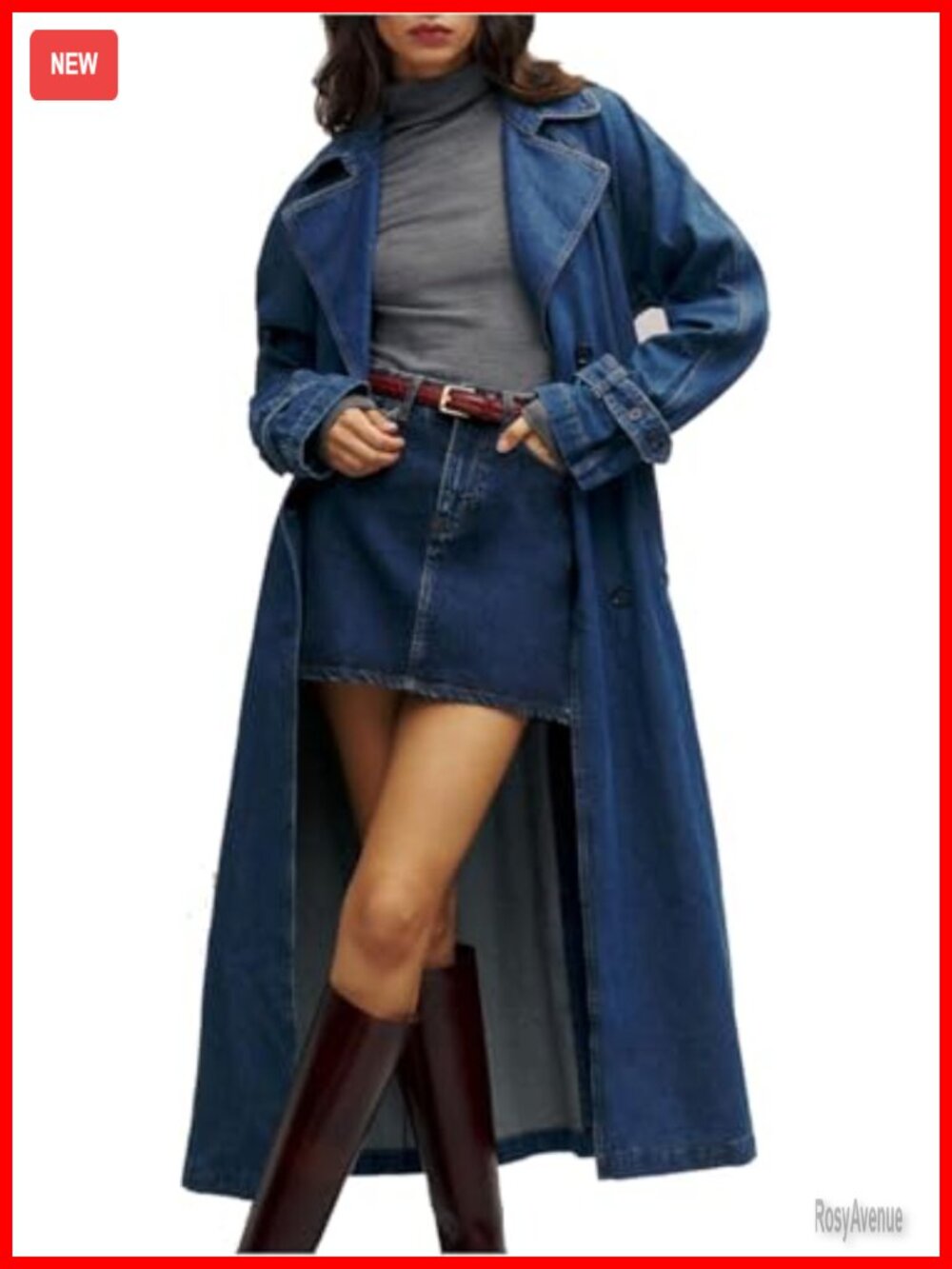 Women's Denim Trench Coat Cotton Polyester Midi Overcoat Classic Lapel